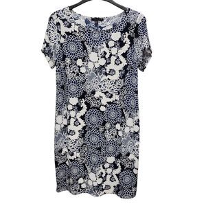 Tiana B Shift Dress Womens 14W Blue White Textured Floral Made In USA Office